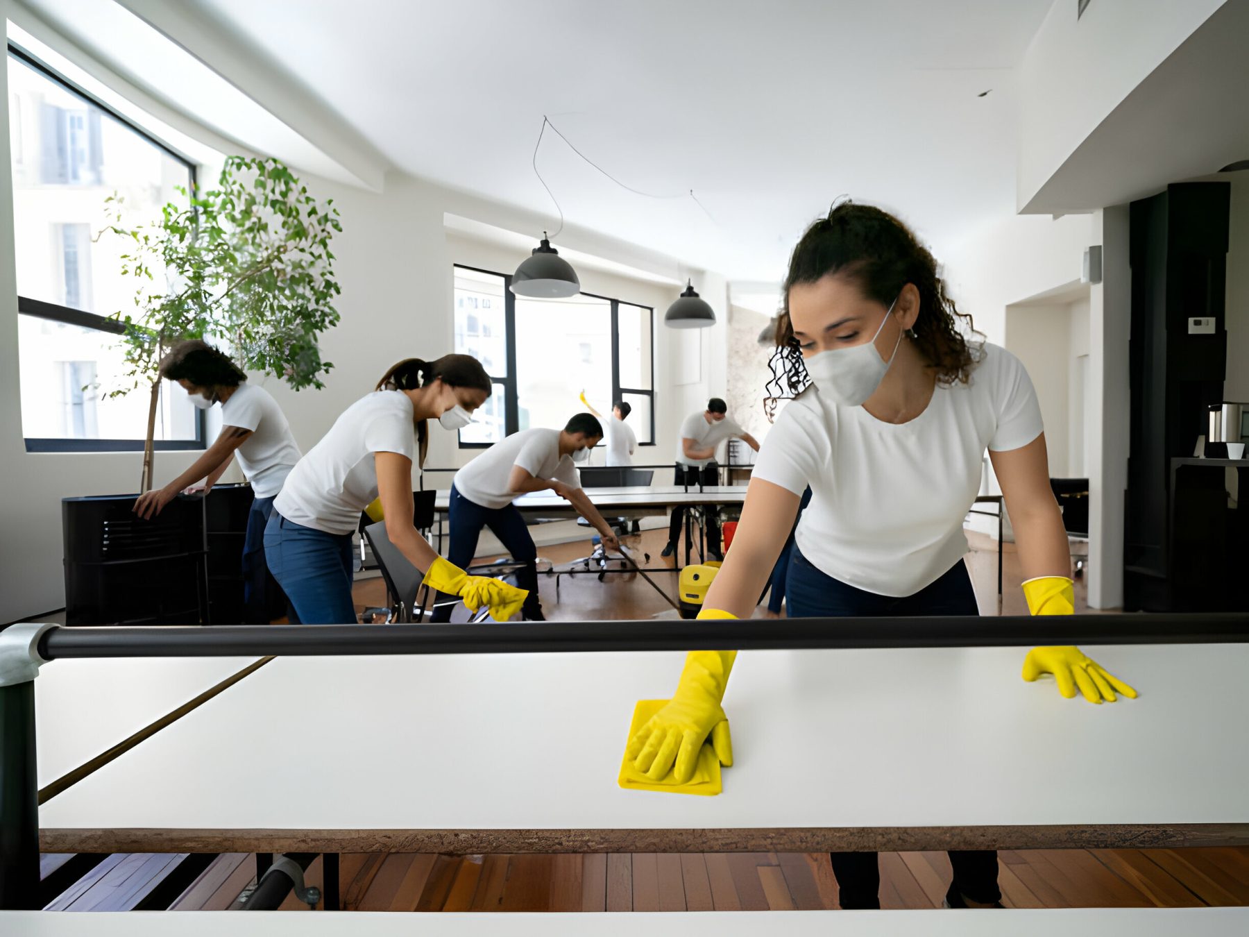 Schoonmaakteam van NOVUS Cleaning maakt een kantoortuin schoon